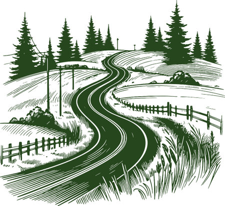 Winding Road Through Pine Forest in Detailed Engraving Styleのイラスト素材
