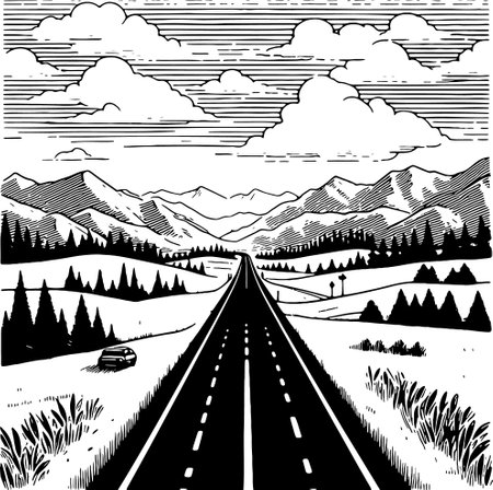 Mountain Road with Car in Woodcut Styleのイラスト素材