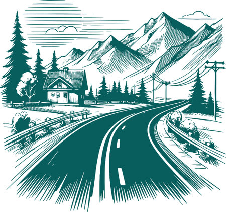 Mountain Road with House in Vintage Engraving Styleのイラスト素材