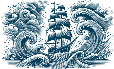 Vintage Sailing Ship Fighting Stormy Ocean Waves Illustrationのイラスト素材