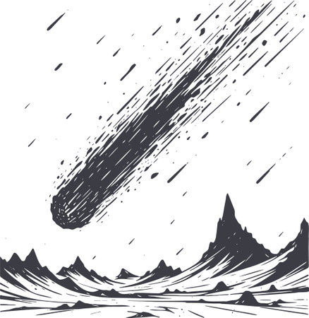 Meteor Falling Over Mountainous Landscape in Monochrome Illustration Styleのイラスト素材
