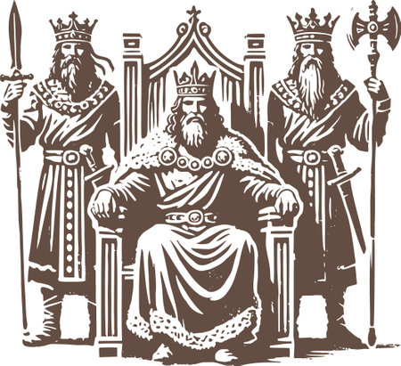 Medieval King on Throne with Guards in Woodcut Styleのイラスト素材