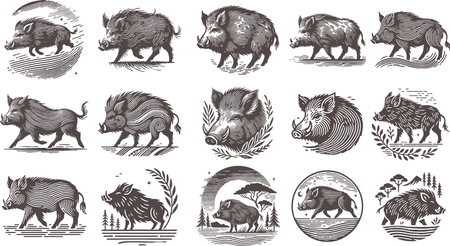 Wild Boar Illustrations in Vintage Engraving Styleのイラスト素材