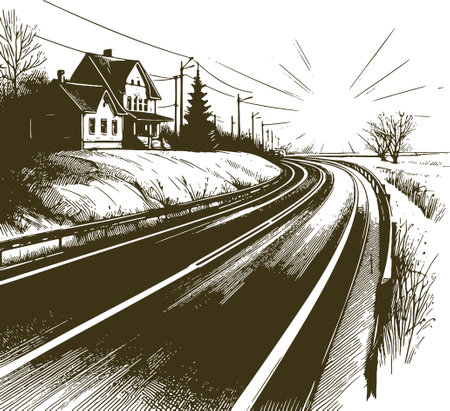 Country Road with House and Power Lines in Vintage Illustration Styleのイラスト素材