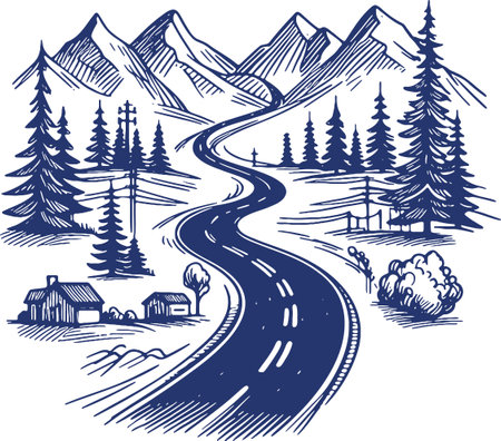 Mountain Landscape with Winding Road in Detailed Sketch Styleのイラスト素材
