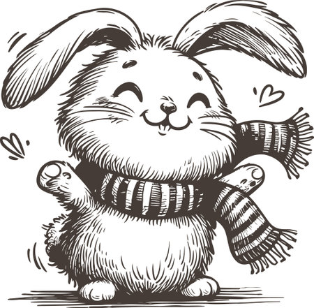 Cute Fluffy Rabbit Wearing a Striped Scarf in Sketch Style Drawingのイラスト素材