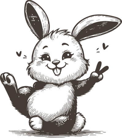 Cute Cartoon Bunny Making Peace Sign in Sketch Styleのイラスト素材