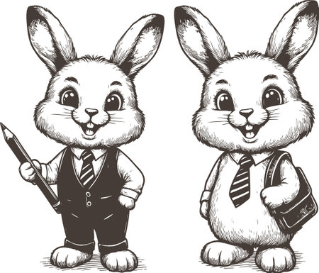 Two Cartoon Rabbits in Business Attire Holding Pencil and Bag, Detailed Line Art Drawingのイラスト素材