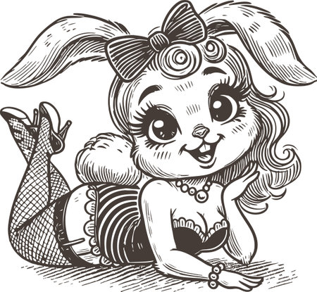 Pleasant Bunny Pin-up Girl in Vintage Linguistics Illustrated in Classic Line Art Styleのイラスト素材