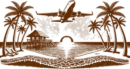 Airplane Flying Over Tropical Beach with Palm Trees and Sunset in Vintage Styleのイラスト素材