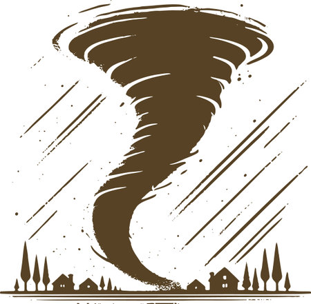 Illustration of a Tornado Approaching a Small Village in a Stylized Graphic Art Styleのイラスト素材