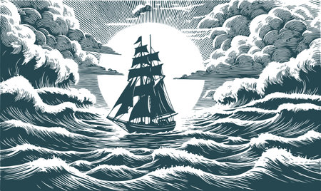 Sailing Ship in Stormy Sea with Engraved Art Styleのイラスト素材