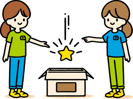 Two Cartoon Characters with a Star and a Box in a Colorful Digital Illustrationのイラスト素材