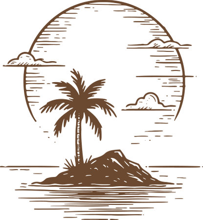Vintage Illustration of a Palm Tree on a Small Island with a Sunset Backgroundのイラスト素材