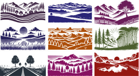 Mountain and Forest Landscapes in Stylized Graphic Artのイラスト素材