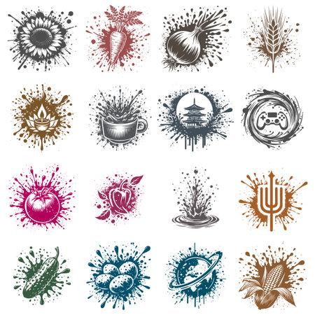 Detailed Ink Splatter Illustrations of Various Objects and Symbolsのイラスト素材