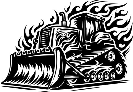 This bold and stylized vector illustration showcases a bulldozer enveloped in flames, emphasizing power and dynamic energy. Designed with precise technical detailing, the artwork highlights the rugged structure of the heavy machinery, merging industrial elements with expressive visual contrast. The composition combines strong lines and intricate technical elements to create a visually compelling representation of strength and motion, making it ideal for use in construction-related themes, industrial branding, and graphic-heavy applications.のイラスト素材