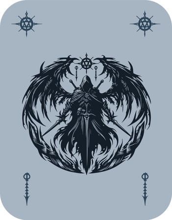 Dark hooded warrior with spread wings holding a sword in fantasy symbolic composition drawingのイラスト素材