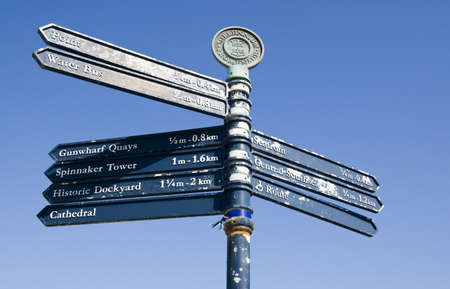 Direction sign for pedestrians in historic Old Portsmouth, Hampshire with various tourist destinations and places of interest named.の写真素材
