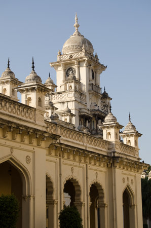View from an inner courtyard of the historic clock tower at Chowmahalla Palace, Hyderabad   Built 200 years ago, the clock still chimes across this part of the city のeditorial素材