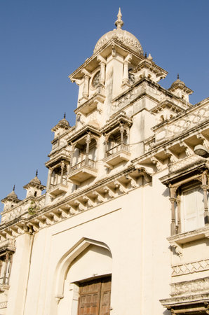 The landmark clock tower at Chowmahalla Palace, Hyderabad   The historic palace was built over 100 years ago for the Nizams of Hyderabad   View from public pavement of historic building のeditorial素材