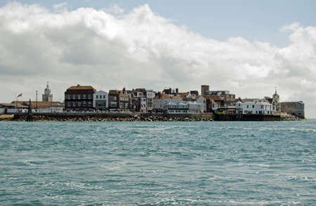 View from the sea of the historic Spice Island, also known as Portsmouth Point in Portsmouth,...