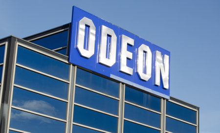 BASINGSTOKE, ENGLAND - JANUARY 19, 2014  Sign at the top of the Odeon cinema multiplex at West Ham Leisure Park, Basingstoke   The cinema is a popular leisure destination のeditorial素材