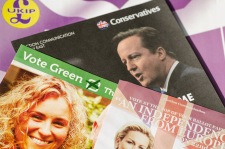 BASINGSTOKE, ENGLAND - MAY 14, 2014  Assorted campaign literature from parties competing in the European Parliamentary Elections in the South East region of the UK のeditorial素材