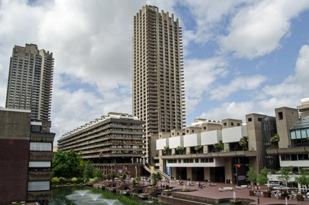 LONDON, ENGLAND - MAY 10, 2014   View from a high walkway over the Barbican development in the heart of the City of London with the Arts Centre and lake のeditorial素材