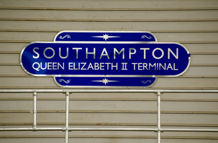 SOUTHAMPTON, UK - MAY 31, 2014  Sign at the end of the railway line to Southampton passenger terminal at the city s docks   The busy port deals with both cargo vessels as well as cruise ships のeditorial素材