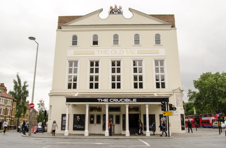 LONDON, UK  JUNE 16, 2014   Facade of the historic Old Vic Theatre in Lambeth, South London   The theatre is showing a highly regarded production of The Crucible by Arthur Miller のeditorial素材