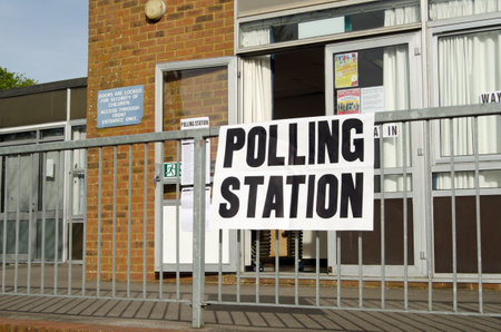 BASINGSTOKE, UK - MAY 5, 2016:  Entrance to a polling station at a primary school in Basingstoke, Hampshire on election day.のeditorial素材