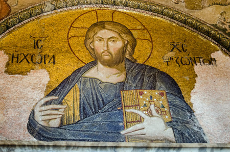 Historic Medieval Byzantine mosaic showing Christ Pantocrator. Chora Church, Istanbul.のeditorial素材