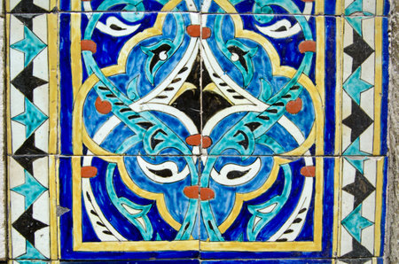 Colourful, handpainted tiles on the outside of Hobyar Mosque in the centre of old Istanbul, Turkey.のeditorial素材