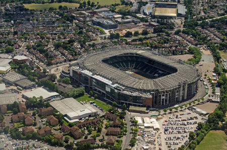 Aerial view of the famous rugby stadium in Twickenham, South West London.  Home of the England Rugby Football Union.  The smaller Stoop Memorial Ground - home of Harlequins Rugby Club is towards the top of the image.のeditorial素材