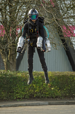 BASINGSTOKE, UK - MARCH 11, 2019: Gymnast turned pilot Ryan Hopgood demonstrating a Gravity...