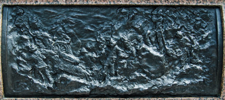 A bronze frieze depicting a Mountain Battery in Afghanistan, sculpted in 1904 by Henry Price and on public display on the plinth of Queen Victoria's statue at Sandhurst Military Academy, Berkshire.のeditorial素材
