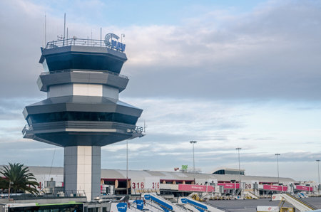 Faro, Portugal - November 19, 2019: View of the control tower at Faro Airport serviing the Algarve...