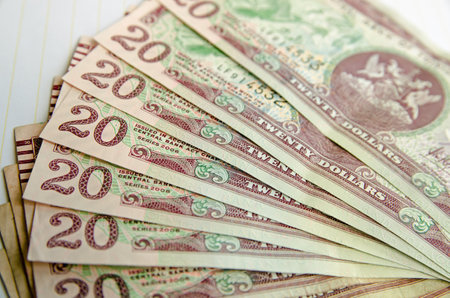 Castara, Trinidad and Tobago - January 12, 2020: A fan of used twenty dollar banknotes from Trinidad and Tobagoのeditorial素材