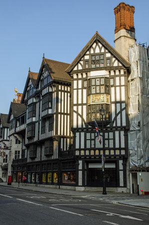 London, UK - April 24, 2020:  Exterior of the famous Liberty of London shop in Westminster.  The retailer sells clothes, household goods, stationery, jewellery and perfumes sourced from around the world.のeditorial素材