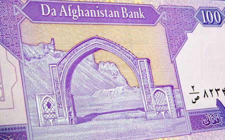 100 Afghani banknote showing the Qila-e Bost Arch near Lashkar Gah.の写真素材