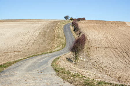 A slightly muddy single track lane winding between recently ploughed fields on the North Downs in Hampshire.の写真素材