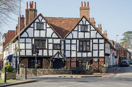 Wokingham, UK - February 28, 2021: View of the historic Tudor House in the middle of Wokingham, Berkshire on a sunny Spring day.のeditorial素材