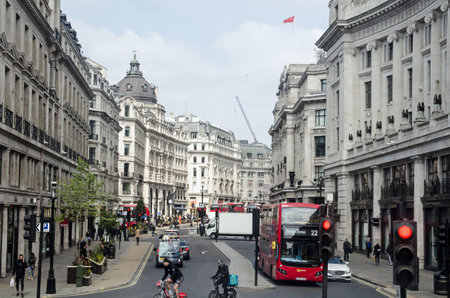 London, UK - April 21, 2021: slightly elevated view along the historic Regent Street in Westminster, London on a sunny morning.のeditorial素材