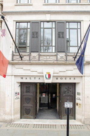 London, UK - April 21, 2021: Slightly elevated view of the entrance to Malta House on Piccadilly in central London.のeditorial素材