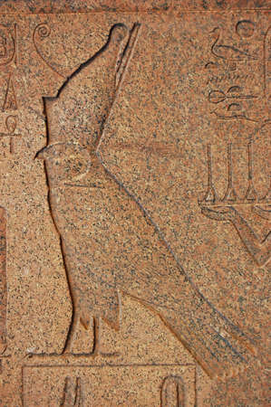 An Ancient Egyptian bas relief carving of the falcon headed god Horus at the landmark Temple of...