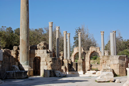 Columns and ruins at the historic Hadrianic Baths, part of the ancient Roman city of Leptis Magna in northern Libya.の写真素材