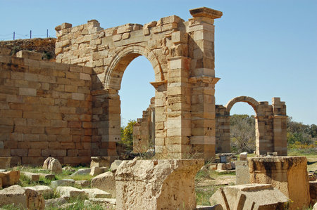 Stone arches, thousands of years old built at the ancient Roman city of Leptis Magna in northern Libya.の写真素材