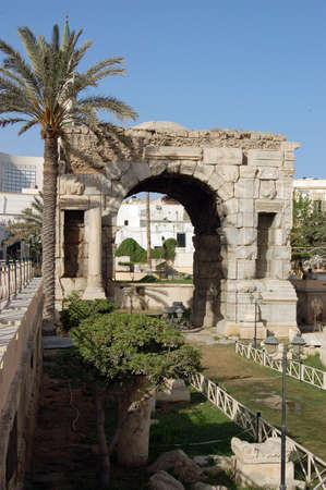 Ancient Roman Arch of Marcus Aurelius in the centre of Tripoli, Libya.  The triumphal arch was erected in 165 in honour of the Roman Emperor.の写真素材