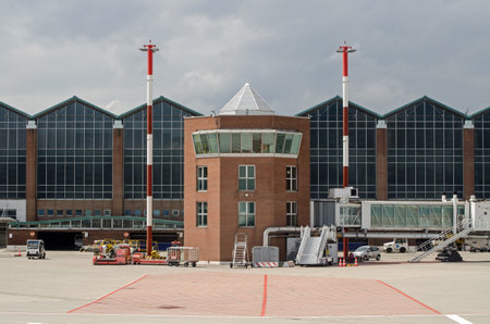 Venice, Italy - April 19, 2022: Airbridge at Marco Polo Airport, Venice.  Designed by the architects Studio Architetto Mar and built in 2002, it is the fourth busiest airport in Italy.のeditorial素材